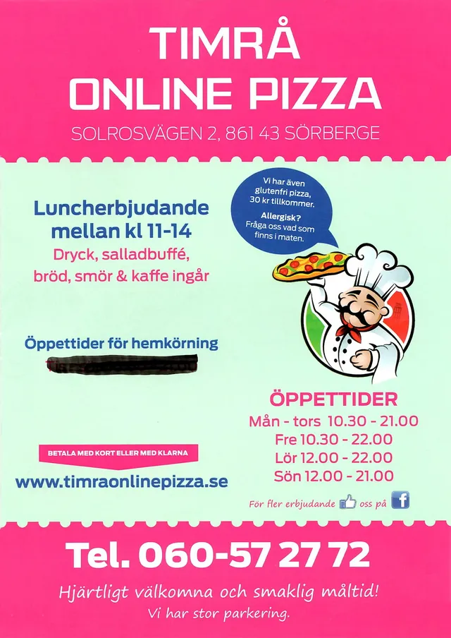 Menyn för Timrå Online Pizza, Timrå