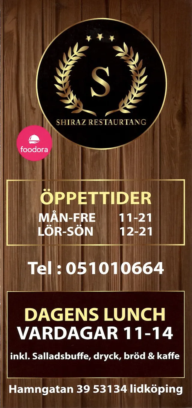 Menyn för Shiraz Restaurang, Lidköping
