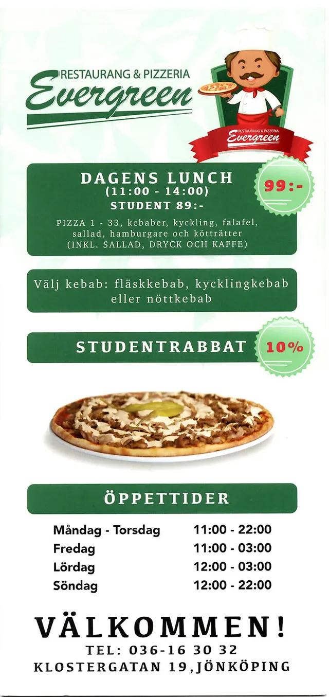 Menyn för Evergreen, Jönköping