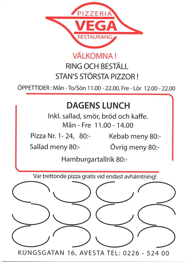 Menyn för Vega Restaurang, Avesta