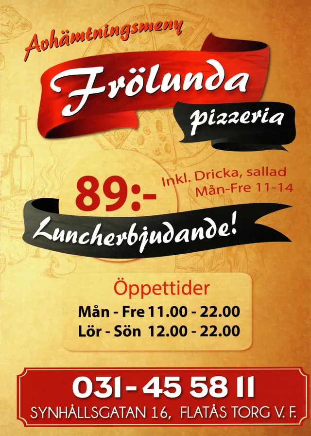Menyn för Frölunda Pizzeria, Göteborg