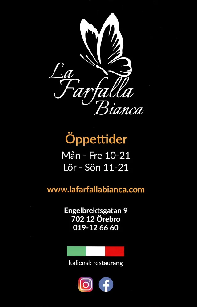 Menyn för La Farfalla Bianca, Örebro