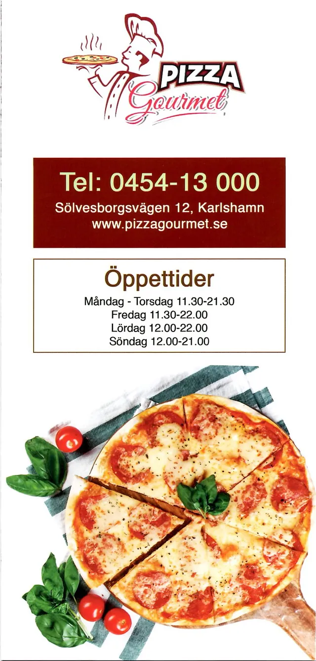 Menyn för Pizza Gourmet, Karlshamn