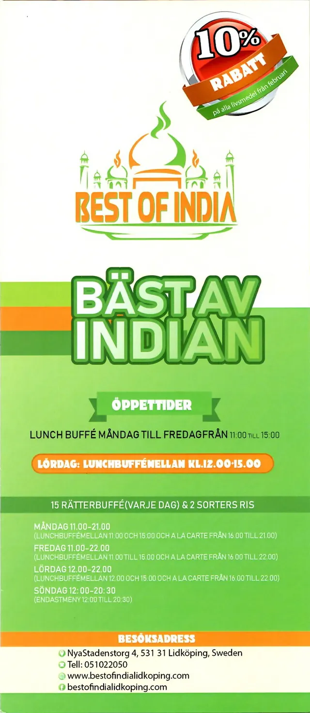 Menyn för Best Of India, Lidköping