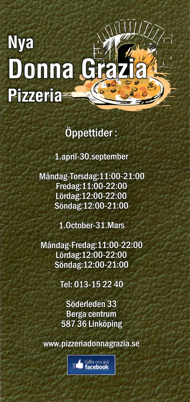 Menyn för Donna Grazia Pizzeria, Linköping