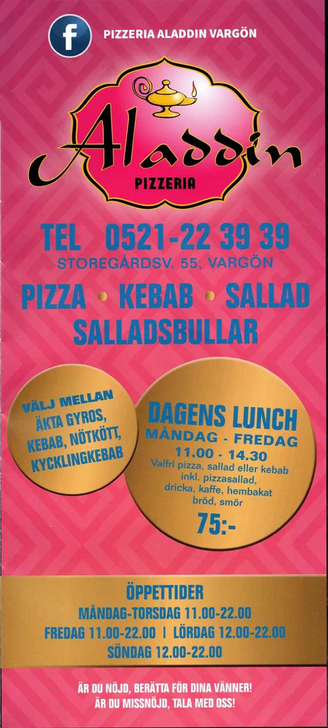Menyn för Aladdin Pizzeria, Vänersborg