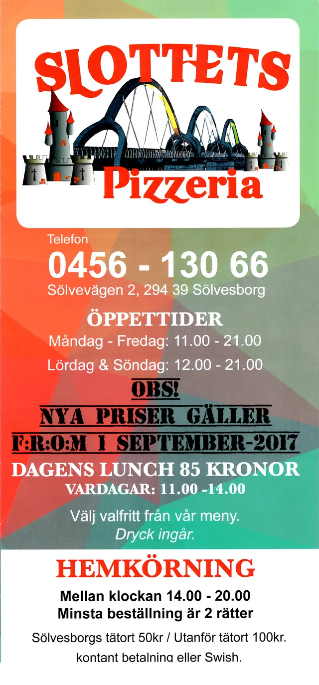 Menyn för Slottets Pizzeria, Sölvesborg