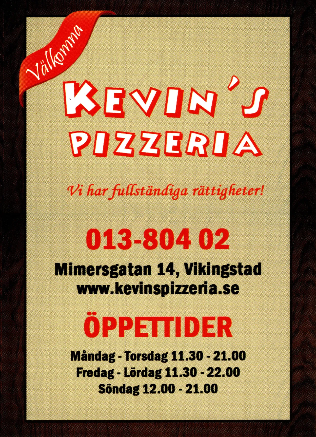 Bild på menyn för Kevins Pizzeria, Linköping