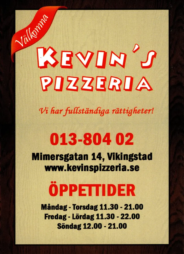 Menyn för Kevins Pizzeria, Linköping