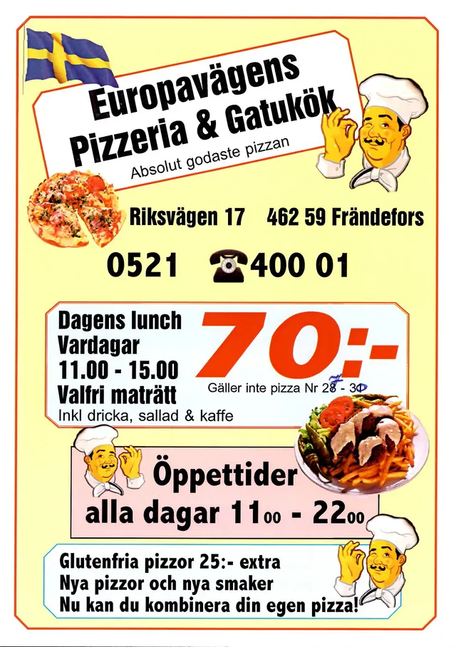 Menyn för Europavägens Pizzeria, Vänersborg