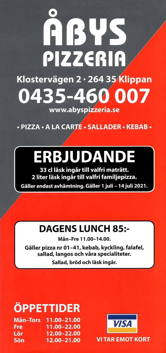 Menyn för Åbys Pizzeria, Klippan