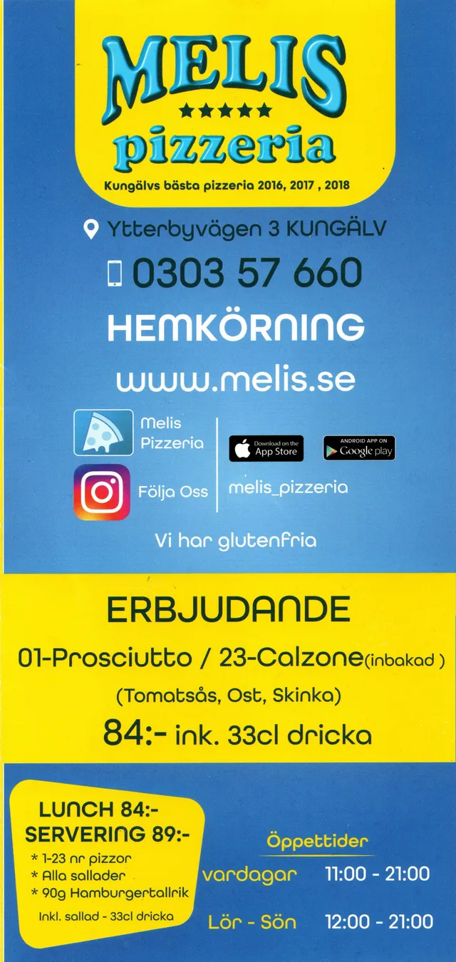 Menyn för Melis Pizzeria, Kungälv