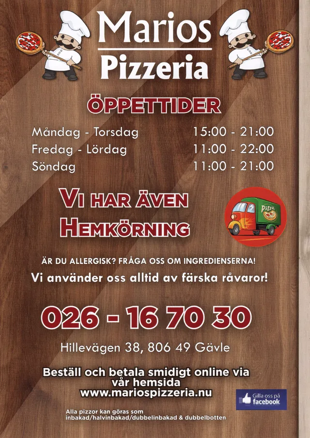 Menyn för Marios Pizzeria, Gävle
