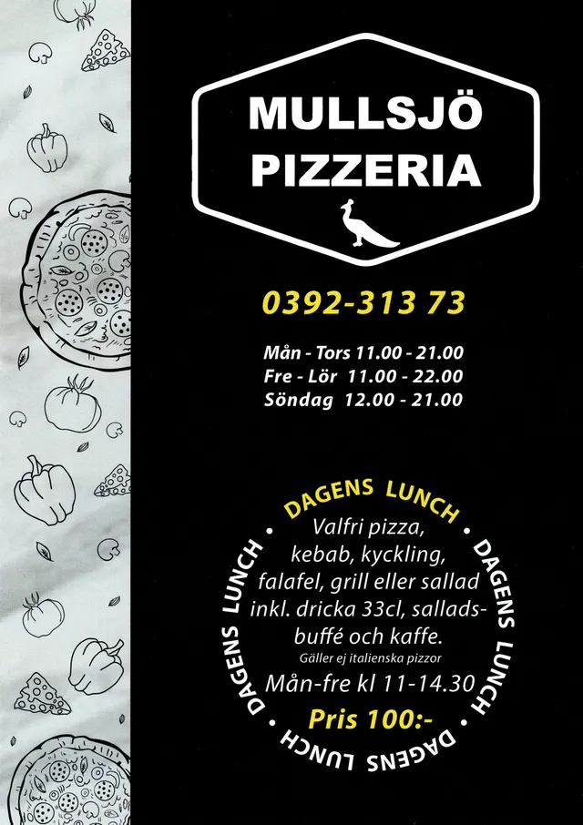 Menyn för Mullsjö Pizzeria, Mullsjö