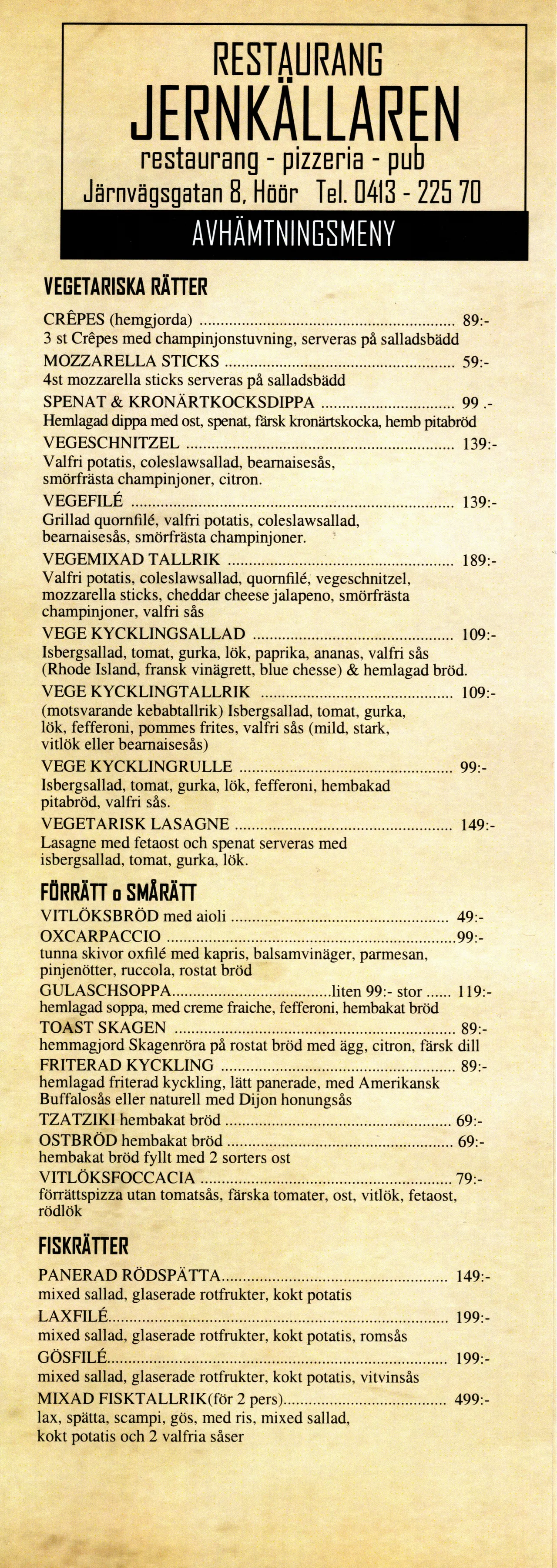 Bild på menyn för Jernkällaren, Höör