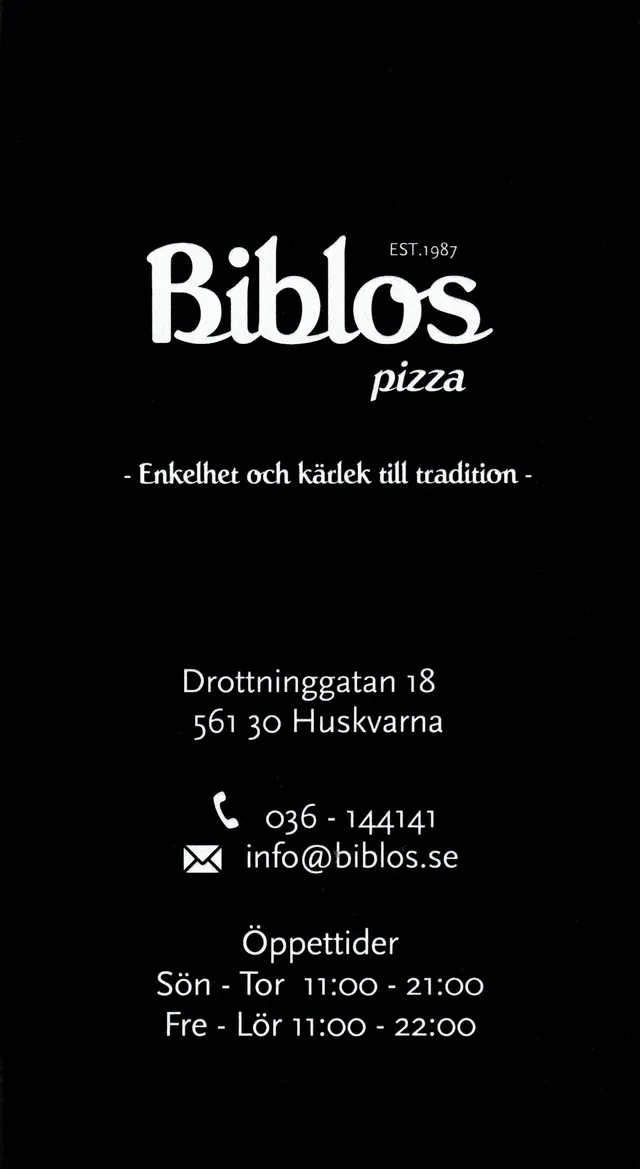 Menyn för Biblos Pizza, Jönköping