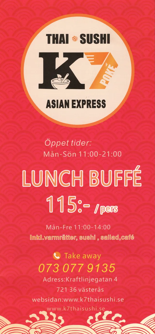 Menyn för K7 Thai & Sushi, Sala