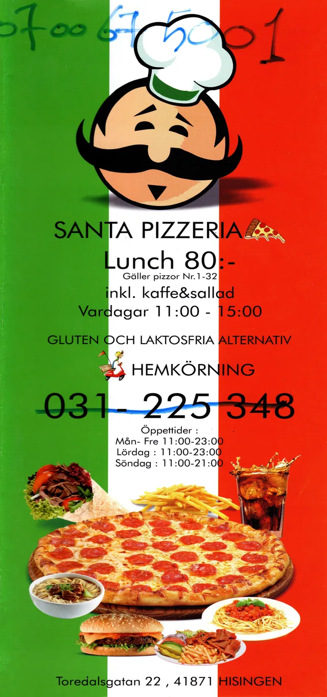 Menyn för Santa Pizzeria, Göteborg