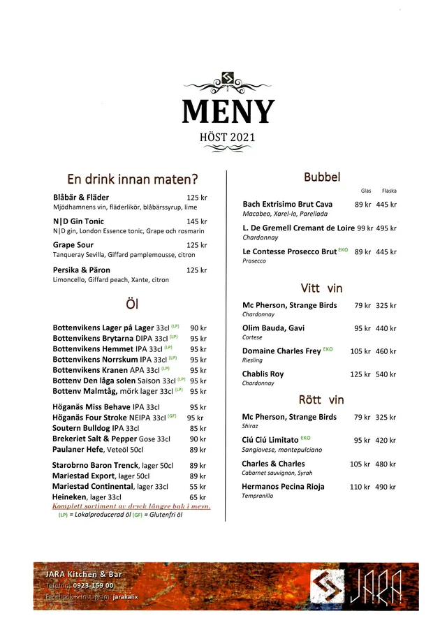 Menyn för JARA Kitchen & Bar, Kalix