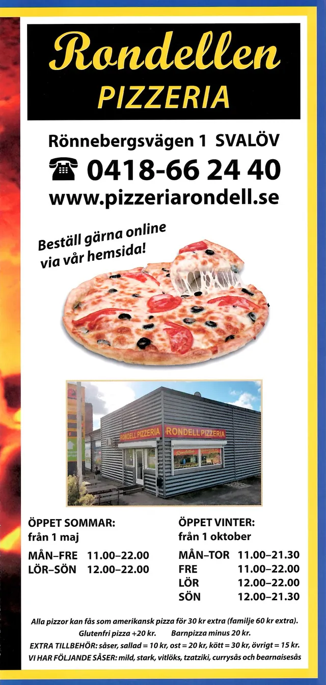 Menyn för Rondellen Pizzeria, Svalöv