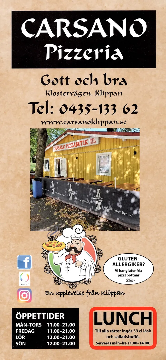 Menyn för Carsano Pizzeria, Klippan