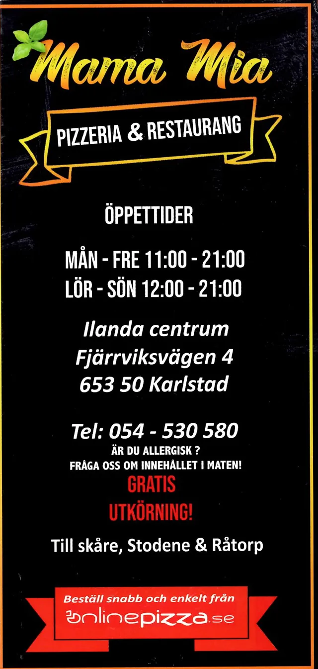 Menyn för Mama Mia, Karlstad