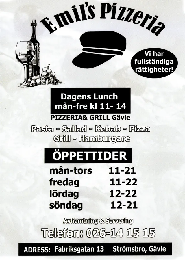 Menyn för Emils Pizzeria, Gävle