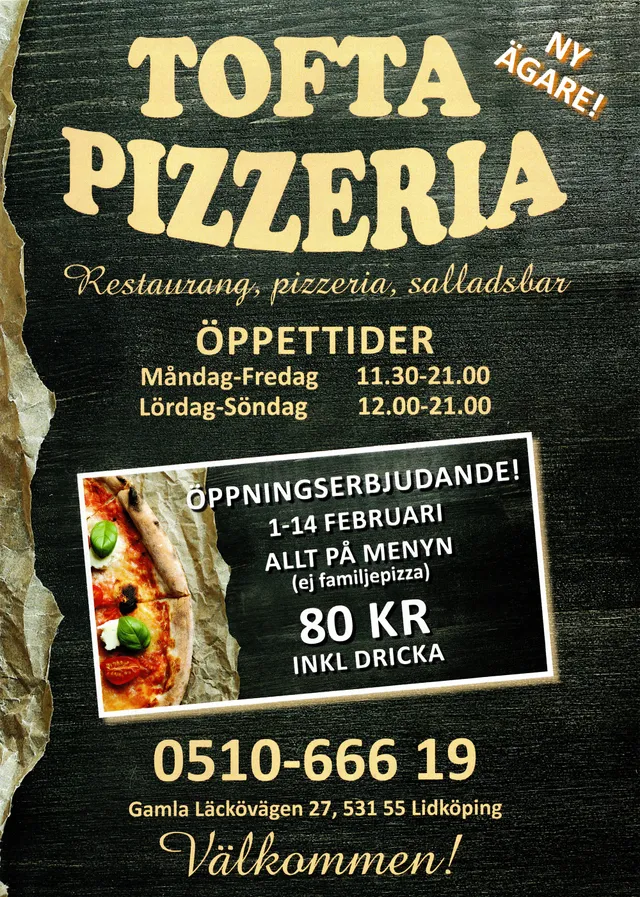Menyn för Tofta Pizzeria, Lidköping
