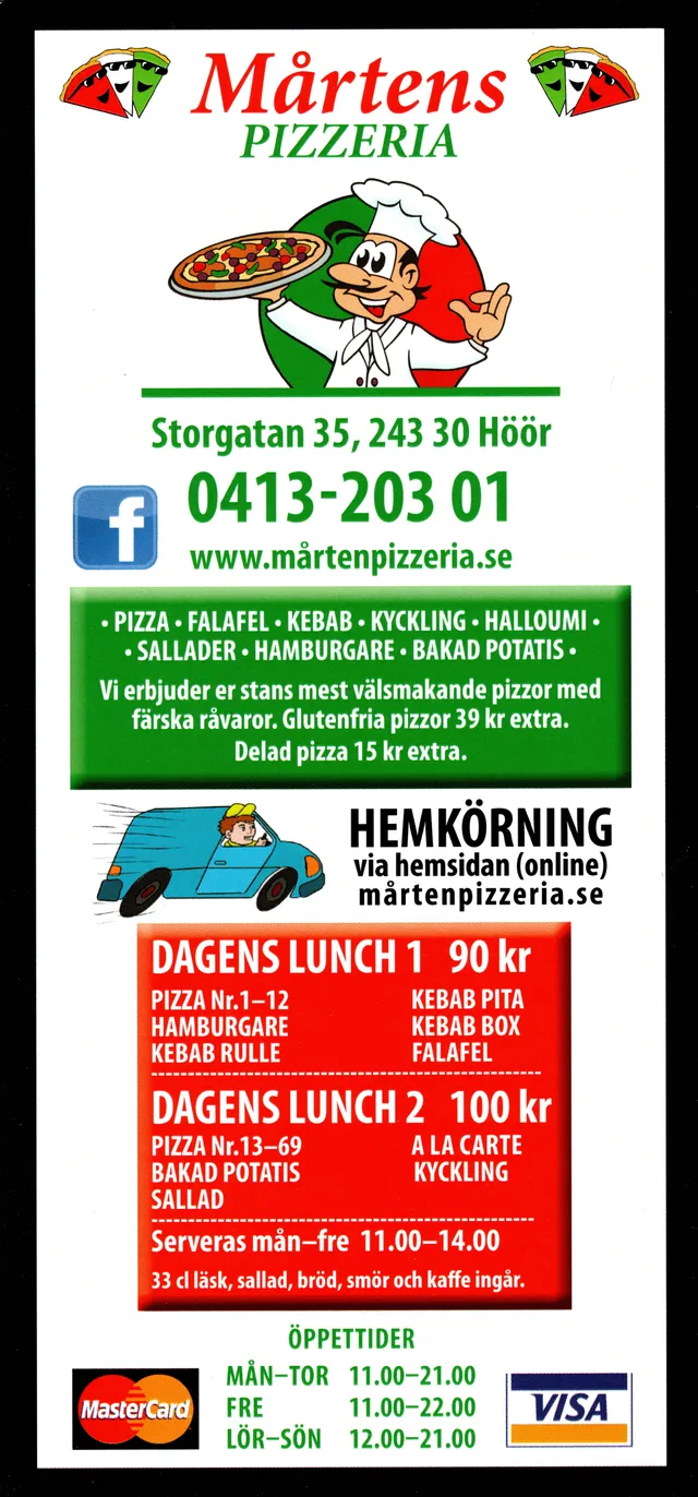 Menyn för Mårtens Pizzeria, Höör