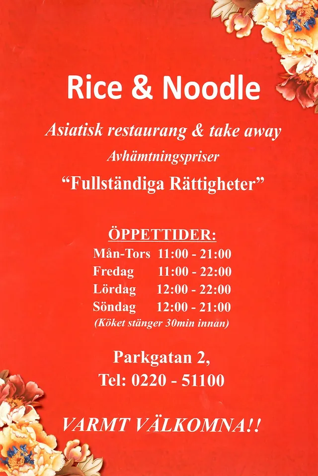 Menyn för Rice & Noodle, Hallstahammar