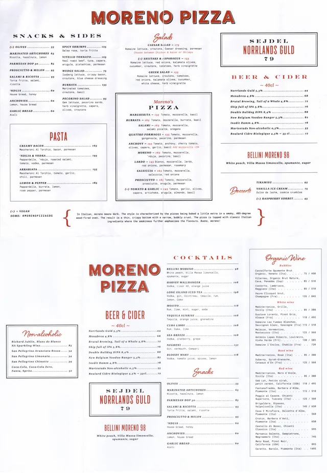 Menyn för Moreno Pizza, Göteborg