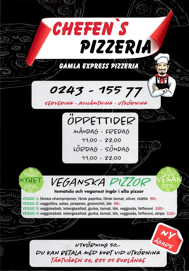 Menyn för Chefen’s Pizzeria, Borlänge