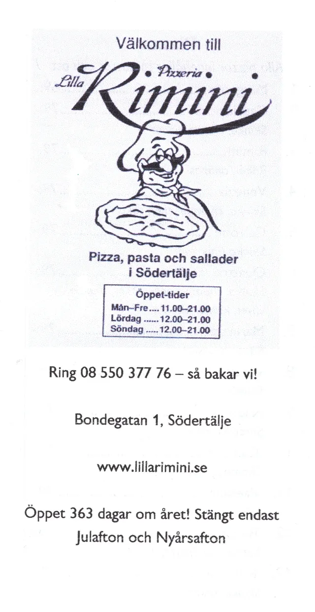 Menyn för Lilla Rimini, Södertälje