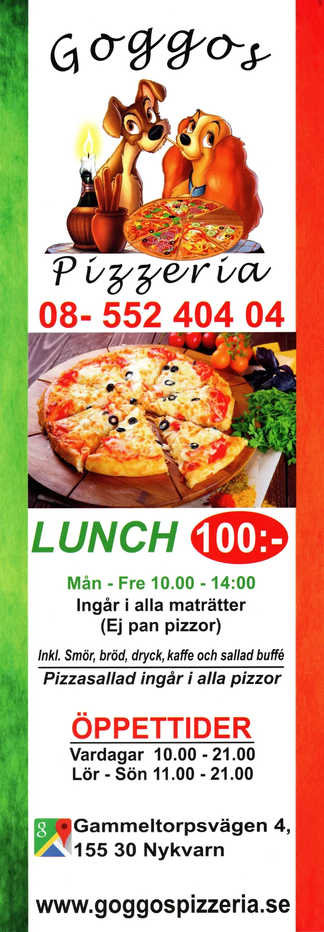 Menyn för Goggos Pizzeria, Stockholm