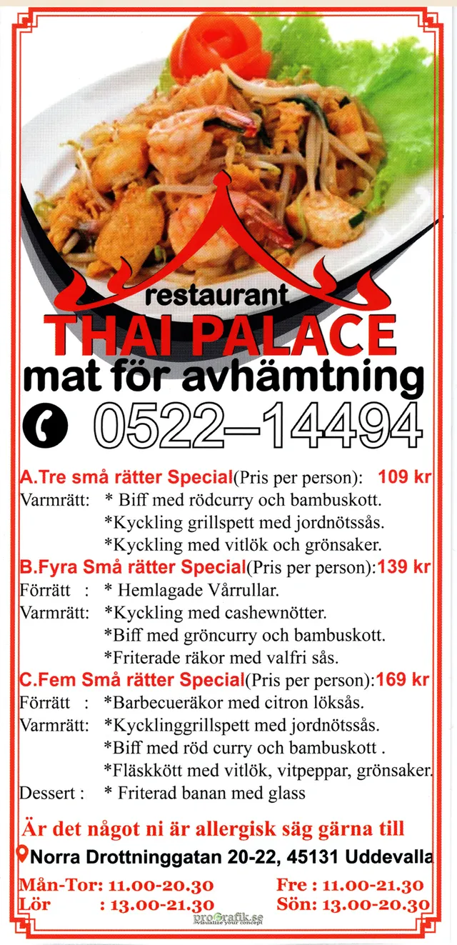 Menyn för Thai Palace, Uddevalla