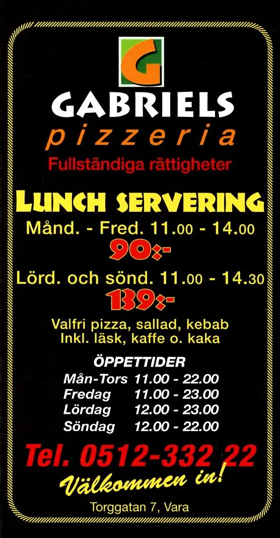 Menyn för Gabriels Pizzeria, Vara
