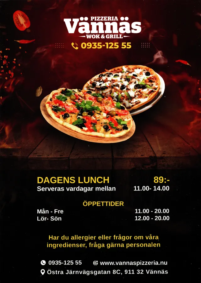 Menyn för Vännäs Wok och Grill, Vännäs