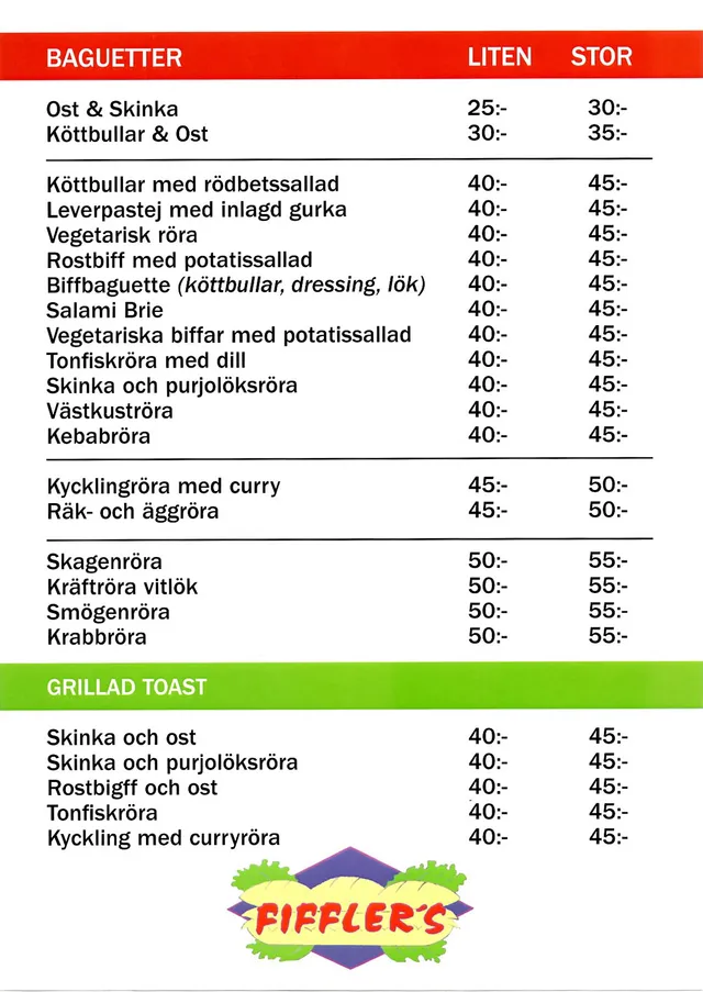 Menyn för Fiffler's, Lidköping