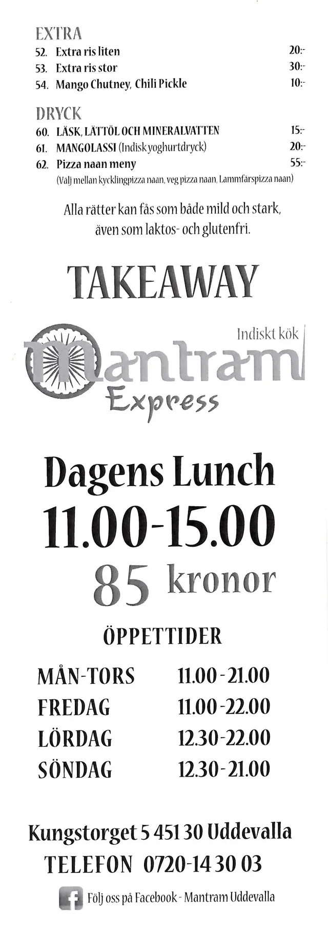 Menyn för Mantram Express, Uddevalla