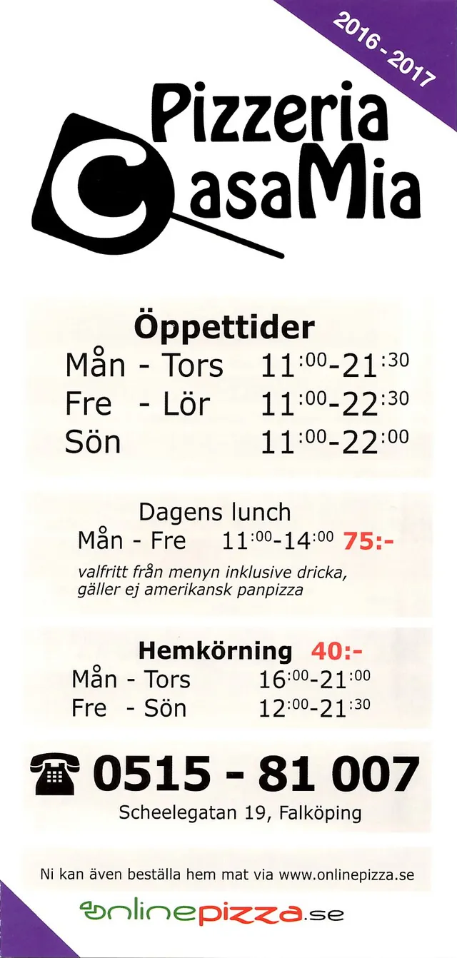 Menyn för Casa Mia, Falköping