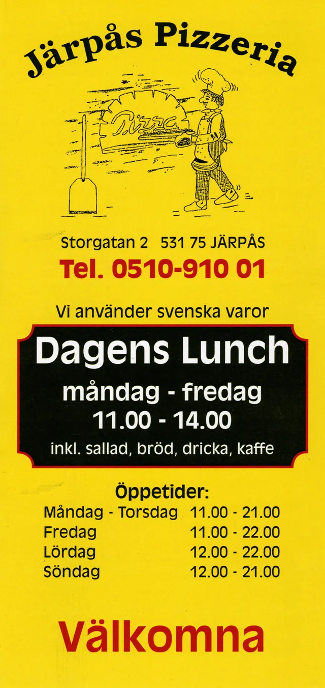 Menyn för Järpås Pizzeria, Lidköping
