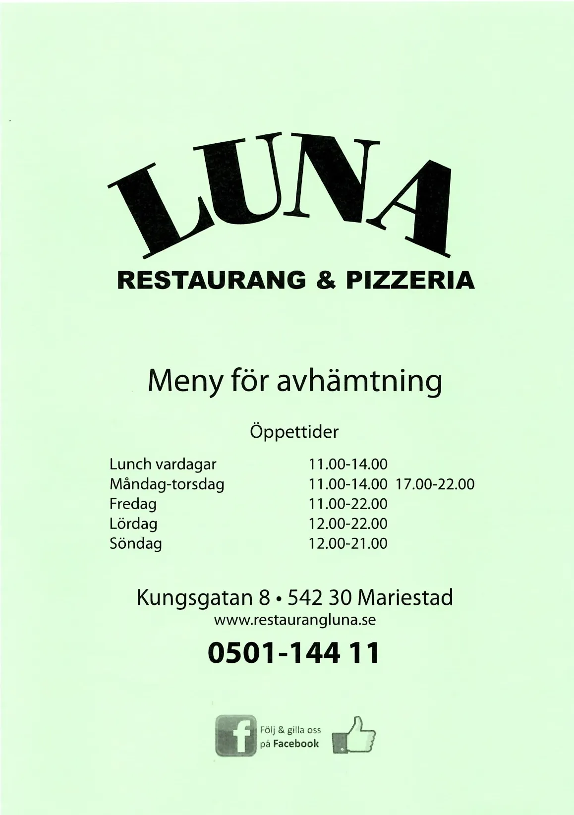 Bild på menyn för Luna Restaurang & Pizzeria, Mariestad