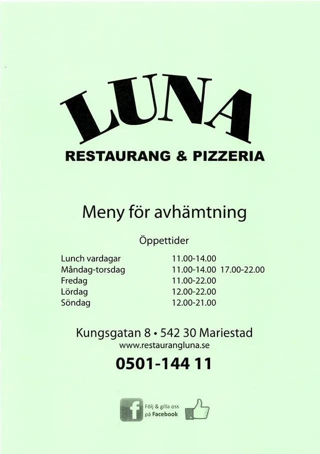 Menyn för Luna Restaurang & Pizzeria, Mariestad