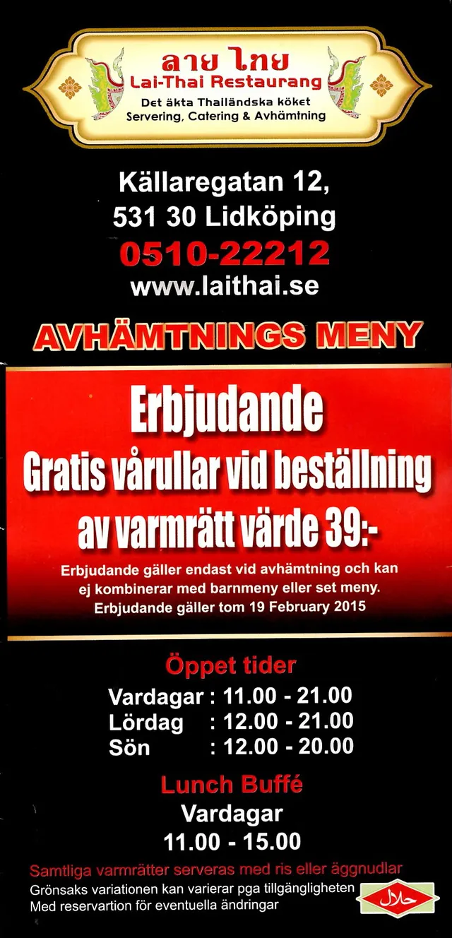 Menyn för Lai-Thai Restaurang, Lidköping