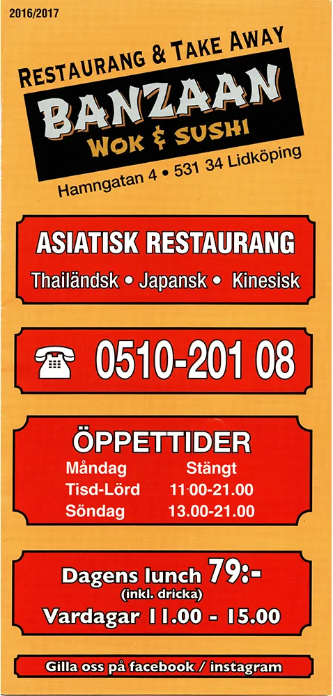 Menyn för Banzaan Wok & Sushi, Lidköping