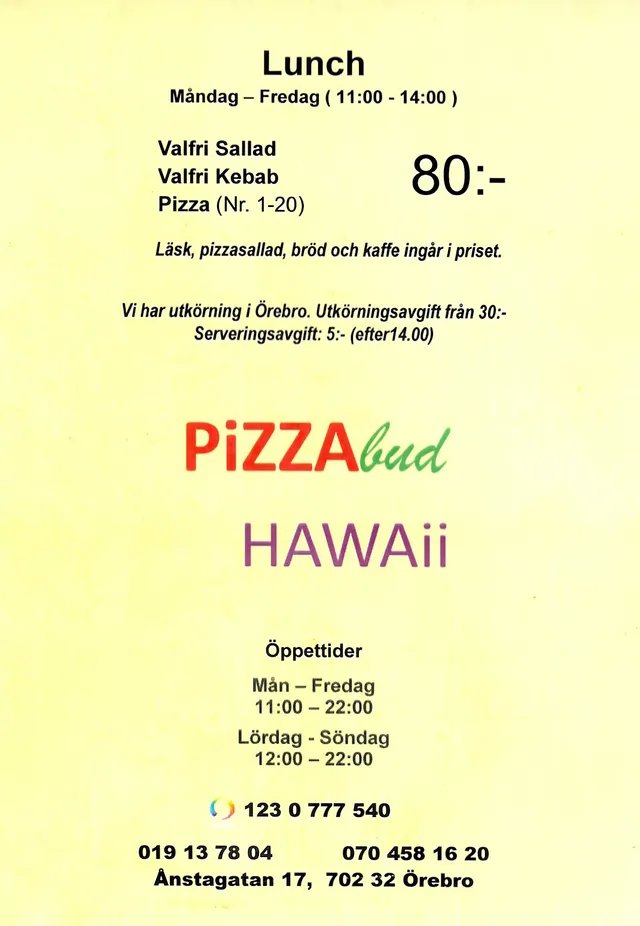 Menyn för Pizza Bud Hawaii, Örebro