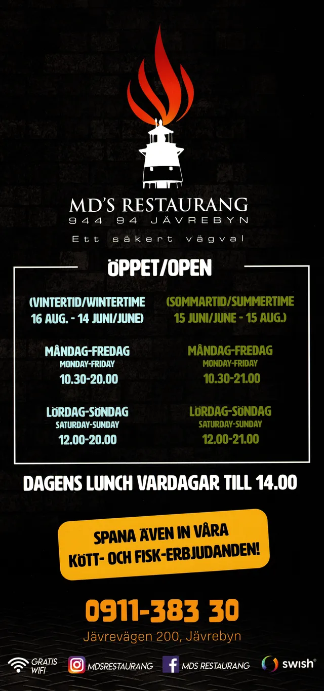 Menyn för MD's Restaurang, Piteå