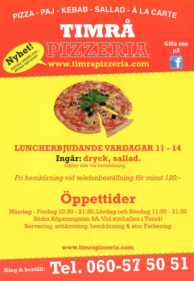 Menyn för Timrå Pizzeria, Timrå