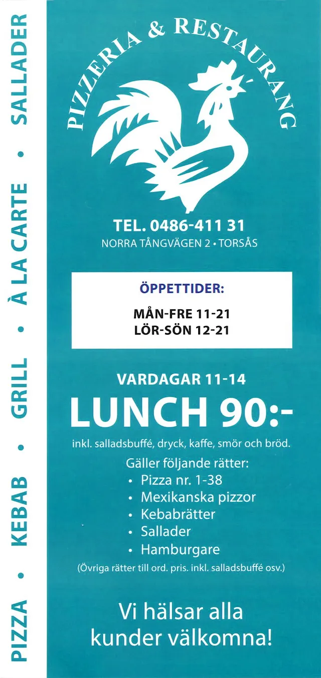 Menyn för Tuppen Pizzeria, Torsås