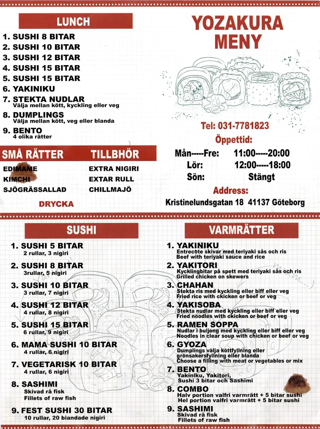 Menyn för Yozakura, Göteborg